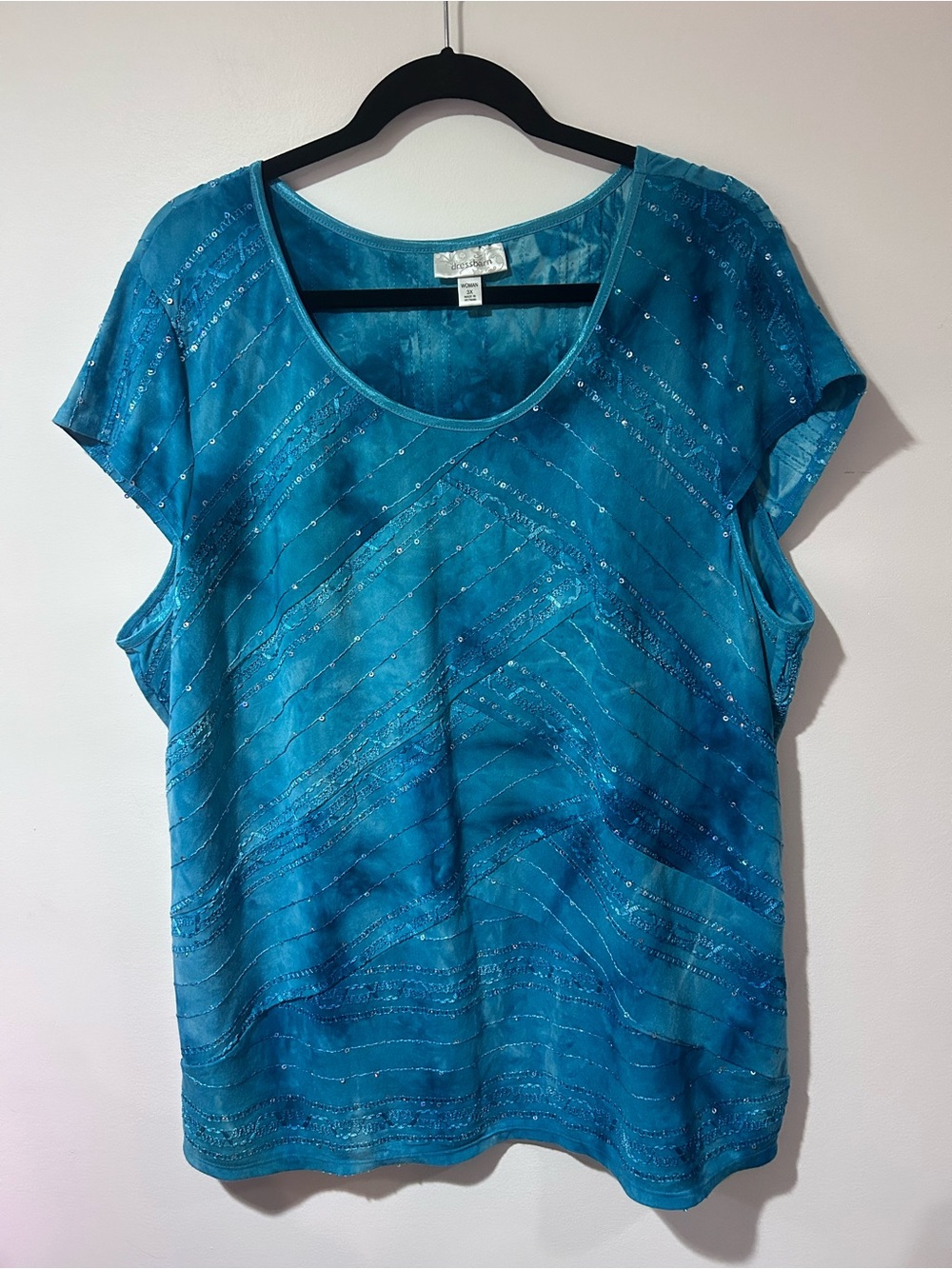 dressbarn Teal Blue Scoop Neck Short Sleeve Top with Sequin Accents